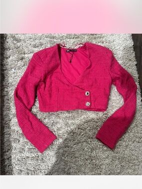 Zara Hot Pink Cropped Knit Bolero with Embellished Buttons